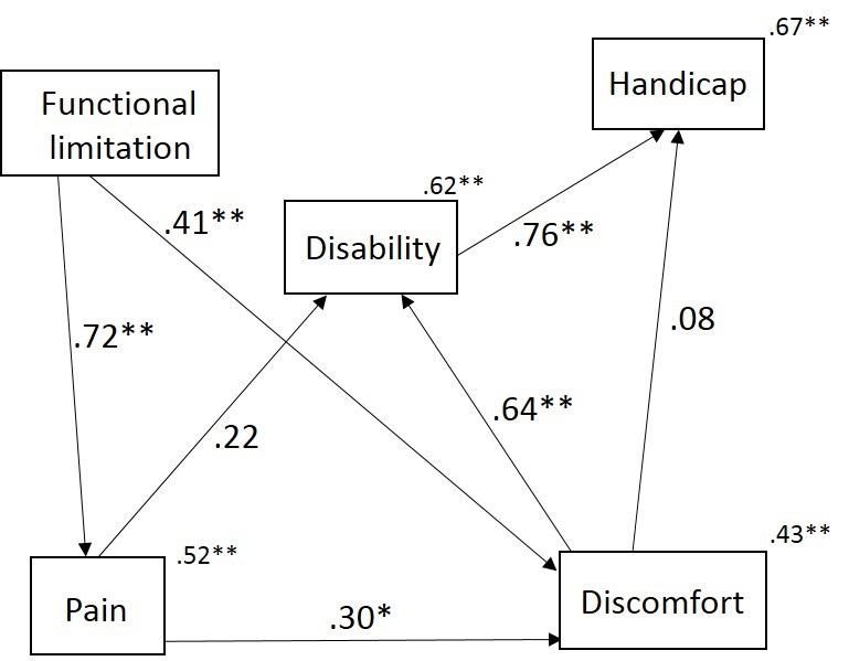 Path diagram. Measurement errors were omitted. Numbers that were written next to  arrows mean standardized direct effect. Numbers above the upper right-hand corner of rectangles are R<sup>2</sup>. *p<0.05, **p<0.01.