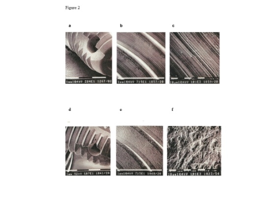 Figure 2. Implant types: (a) low magnification (x 18), (b) low magnification (x 72), (c) high magnification (x 1,010) scanning electron micrographs of Brånemark implant; (d) low magnification (x 18), (e) low magnification (x 72), (f) high magnification (x 1,010) scanning electron micrographs of Swede-Vent implant. Reproduced from Camarda AJ et al. Quintessence Int 2018;49(9):733-743 with permission from Quintessence International, Berlin, Germany.<br />
<br />