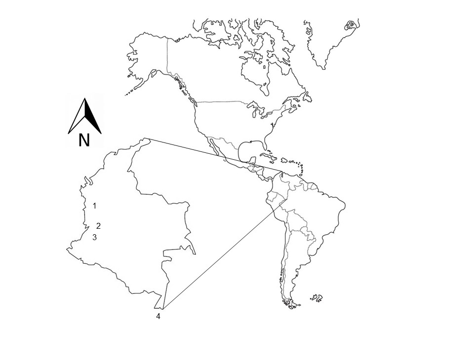 Geographical distribution of the 10 Colombian ethnic groups taken into account in this study. 1. Afro-descendants, indigenous and caucasians-mestizo of Chocó; 2. caucasians-mestizo and afro-descendants of Cali; 3. Misak indigenous, Nasa indigenous and caucasians-mestizo from Cauca; and 4. Ticuna indigenous of the Amazon.