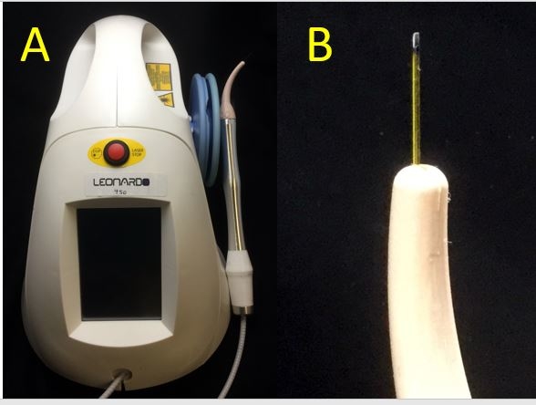 1A 450 nm diode laser B. Close up of laser tip.