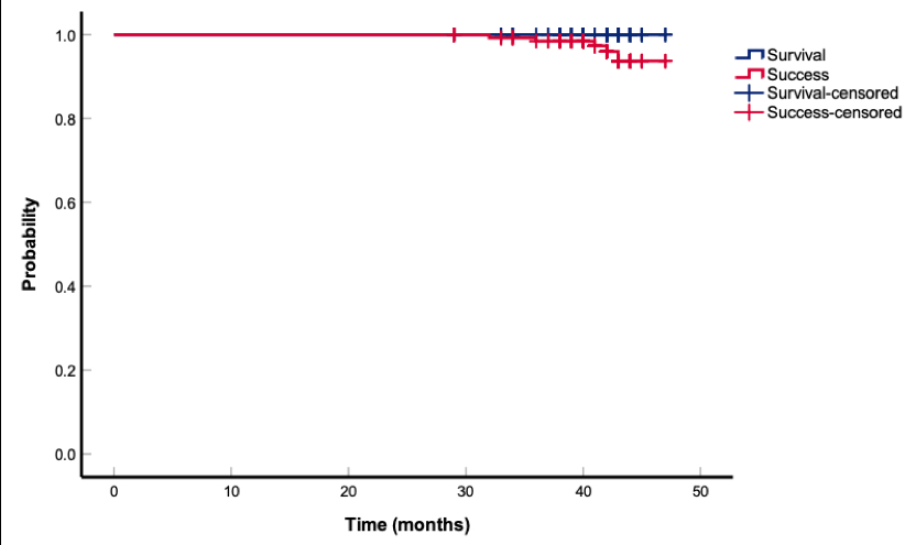 Kaplan-Meier survival and success analyses of all examined crowns at 4 years.