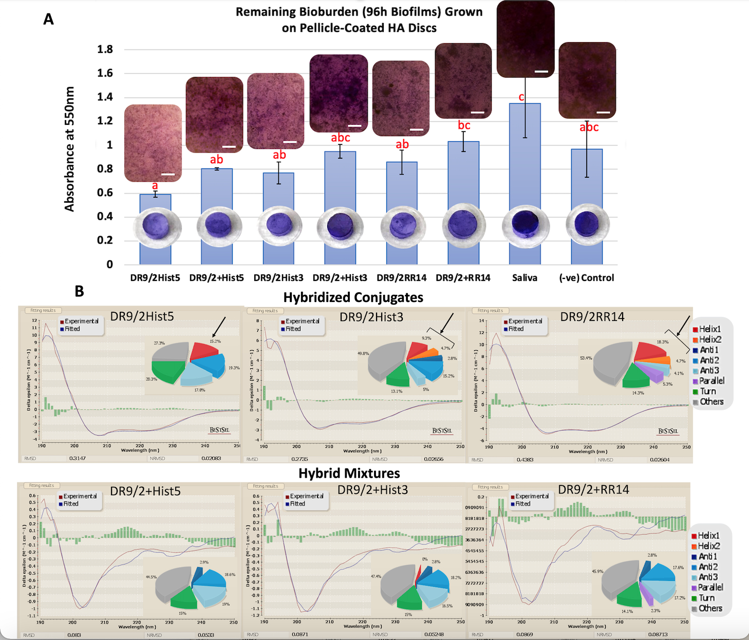Figure 1. Structural-functional characterization of saliva–derived protein/peptide candidates for biofilm dispersal. A) Quantification of the remaining bioburden of crystal violet-stained 96h <i>S. mutans</i> U159 biofilms grown on pellicle-coated hydroxyapatite (HA) discs with protein/peptide candidates. Inverted brightfield microscope characterization of representative samples are depicted on the top; scale bar is 0.4 mm, where whole disc representatives, 2mm thick X 5mm width, depicted on the bottom. Distinct lower-case letters show significant differences among groups (p < 0.05; Mean ± SD). B) Circular dichroism (CD) spectra showing molecular structural conformations of tested candidates. Pie charts show estimation of secondary structure contents (α-helix, β-sheets “antiparallel and parallel”, β-turn, and others “random coil”).The black arrows denote the α-helix content. RMSD, root-mean-square deviation; NRMSD, normalized RMSD.
