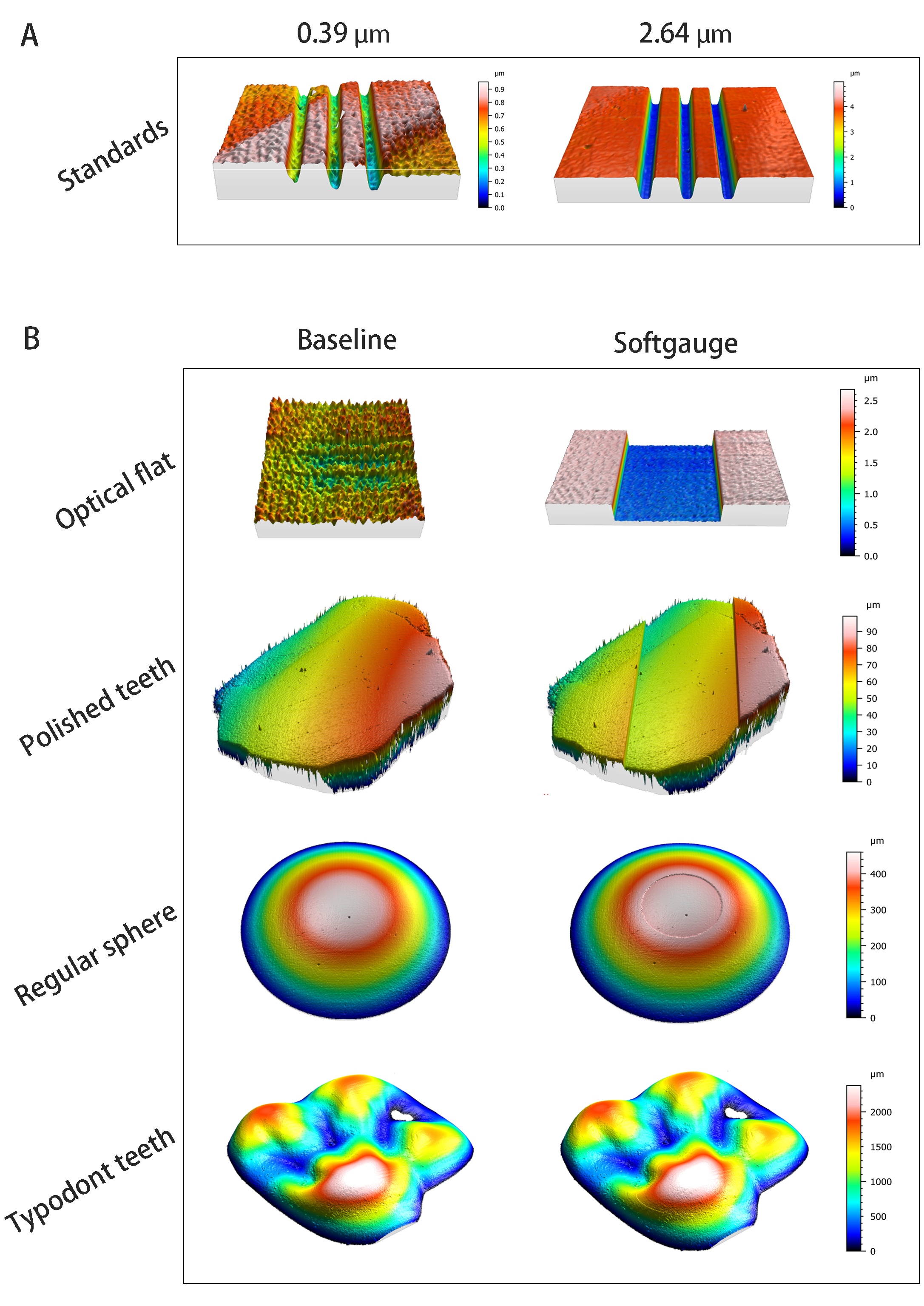 Figure 1. An example of each scan type. A) Calibration standards (0.39 μm, 2.64 μm). B) Mathematically created softgauges (2 μm, 20 μm), on free form surfaces of increasing complexity and area.