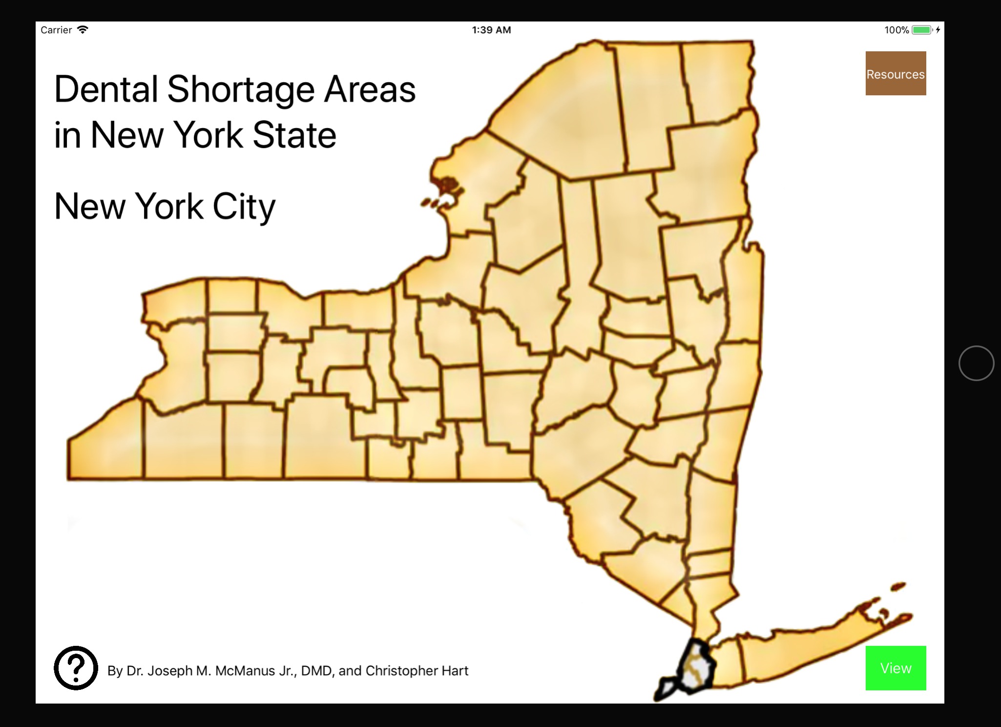 Upon opening the application, New York State counties are displayed. These counties are selectable in groups. I.e. the New York City group which contains Manhattan, Richmond, Kings, Queens, and Bronx county. Selecting 