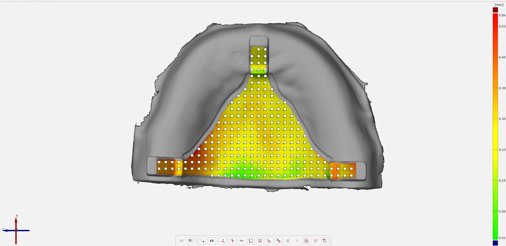 A color distance-map of one of the attempts to virtually seat the experimental framework. The fitting area is shown in colour and the color gradient is indicative of the distance from the prototype model. The labels show the measurement sites in Y axis. Green or almost green areas indicate the areas of contact or near contact respectively between framework and model (∼0μm distance).